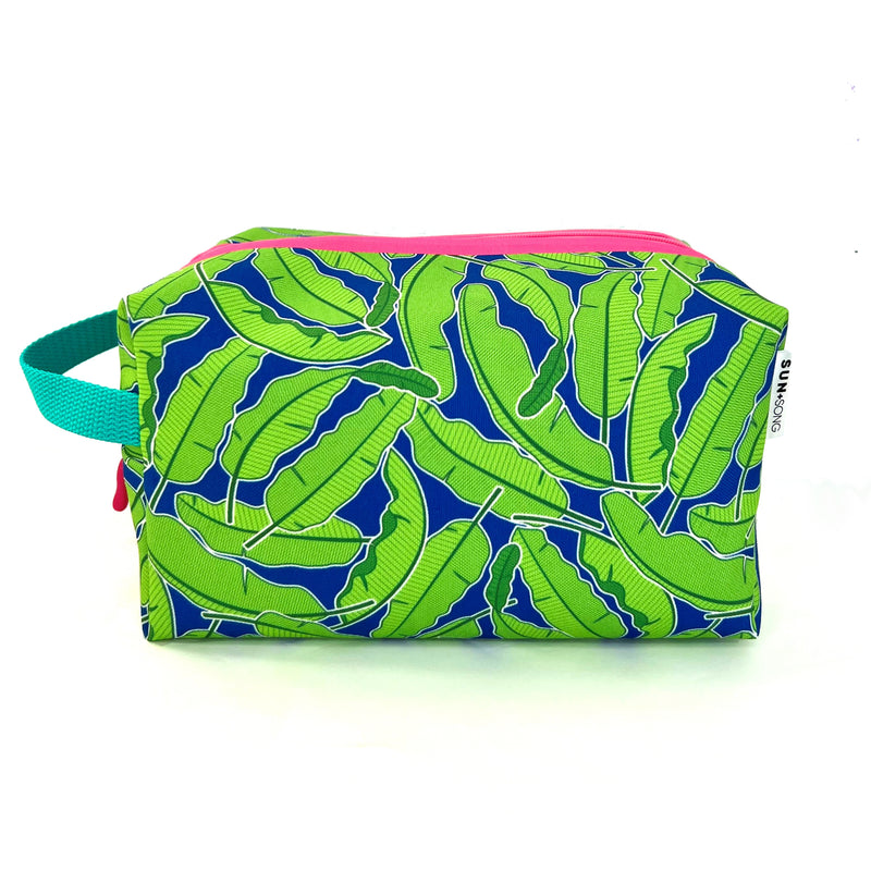 Large - Banana Leaves in Green + Navy, Water-Resistant Boxy Toiletry Bag