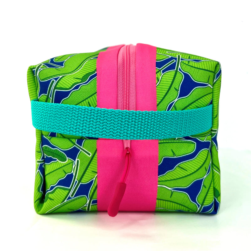 Large - Banana Leaves in Green + Navy, Water-Resistant Boxy Toiletry Bag