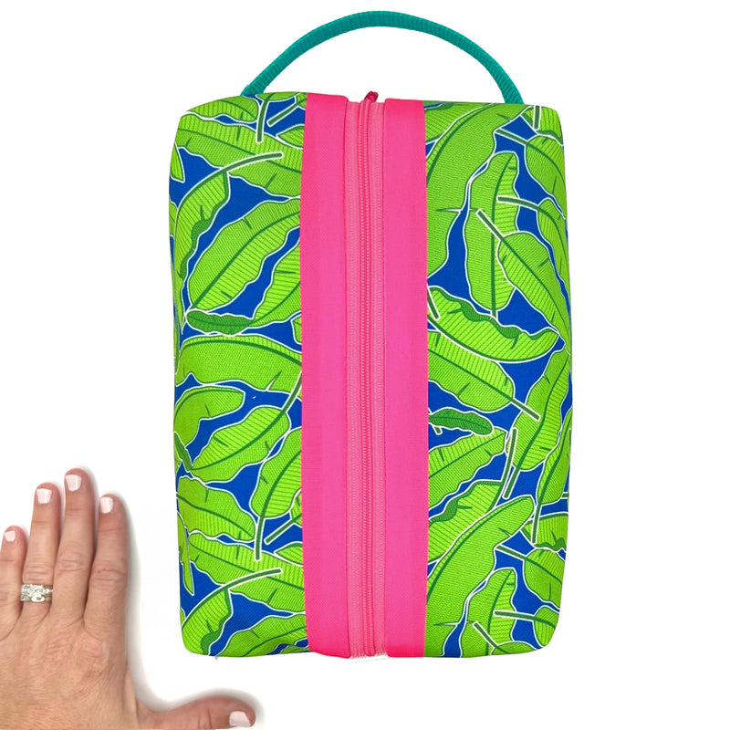 Large - Banana Leaves in Green + Navy, Water-Resistant Boxy Toiletry Bag