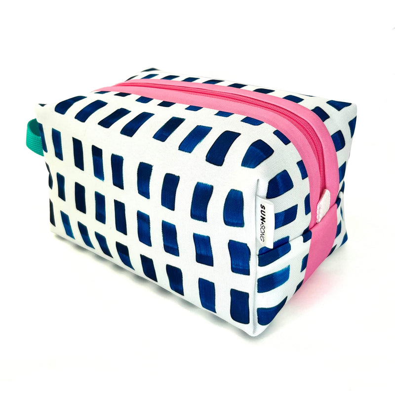 Large - Painted Dashes in Blue + White, Water-Resistant Boxy Toiletry Bag