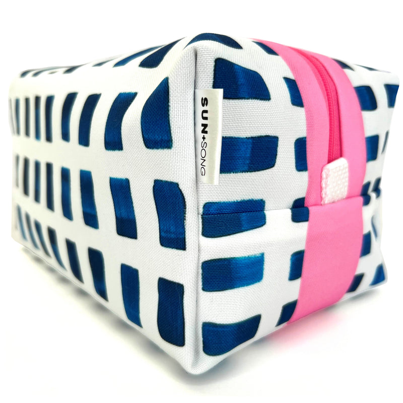 Large - Painted Dashes in Blue + White, Water-Resistant Boxy Toiletry Bag