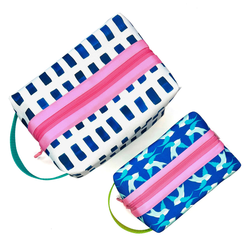 Large - Painted Dashes in Blue + White, Water-Resistant Boxy Toiletry Bag