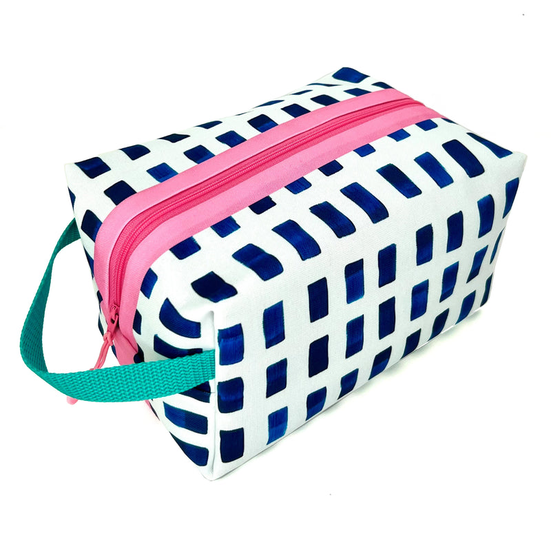 Large - Painted Dashes in Blue + White, Water-Resistant Boxy Toiletry Bag