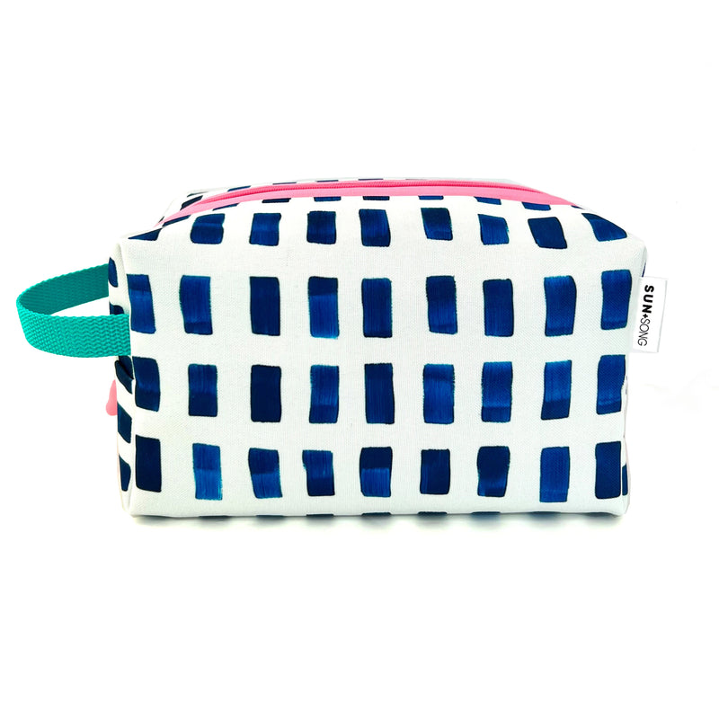 Large - Painted Dashes in Blue + White, Water-Resistant Boxy Toiletry Bag