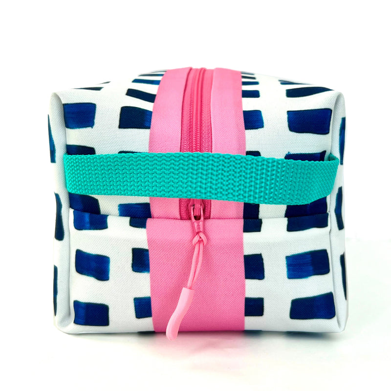 Large - Painted Dashes in Blue + White, Water-Resistant Boxy Toiletry Bag