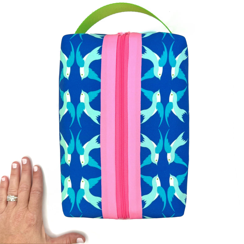 Large - Swallowtail Song in Blues, Water-Resistant Boxy Toiletry Bag