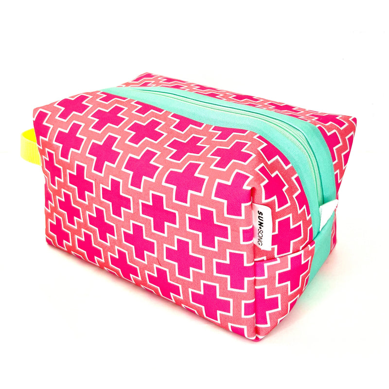 Large - Preppy Plus Signs in Pink + Coral, Water-Resistant Boxy Toiletry Bag