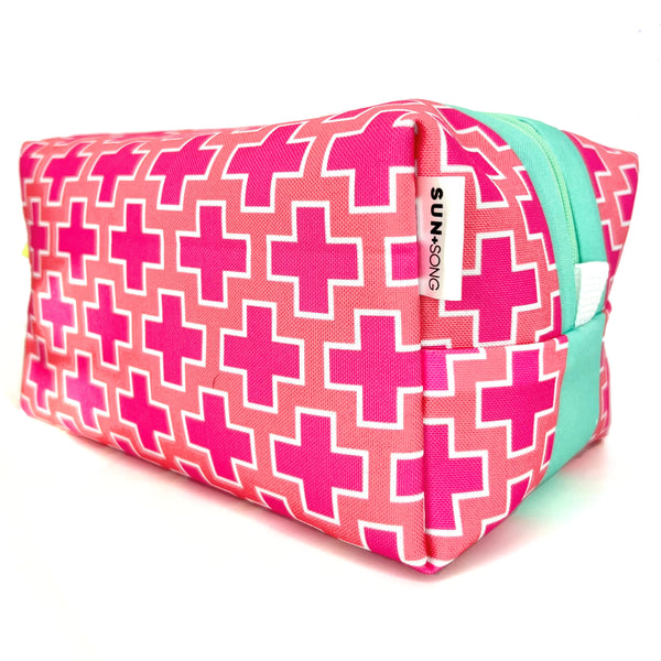 Large - Preppy Plus Signs in Pink + Coral, Water-Resistant Boxy Toiletry Bag