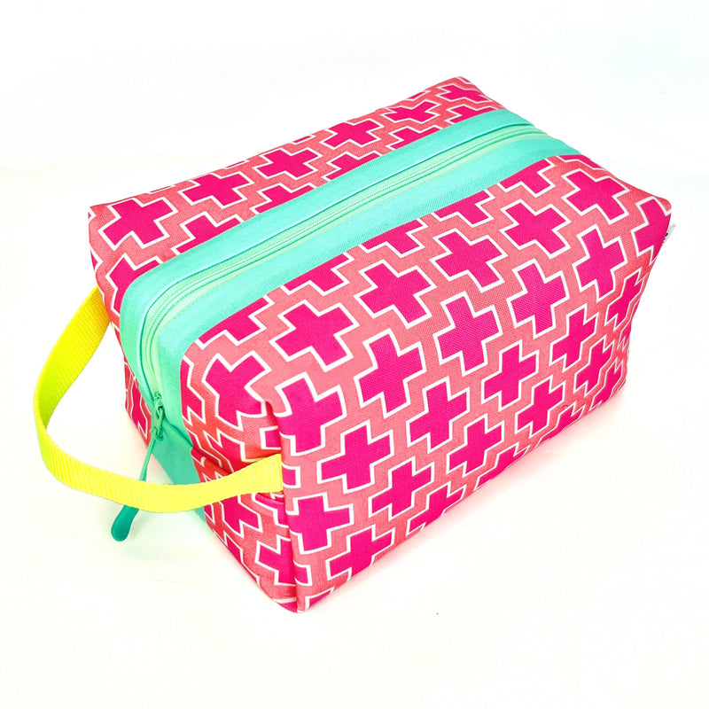 Large - Preppy Plus Signs in Pink + Coral, Water-Resistant Boxy Toiletry Bag