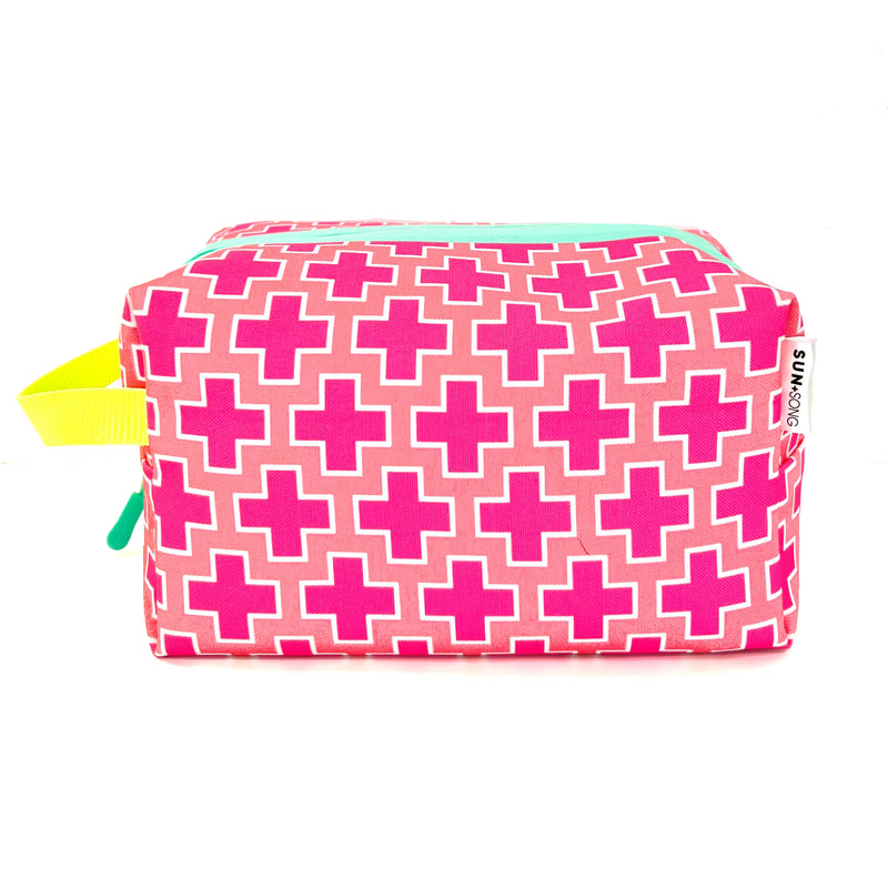 Large - Preppy Plus Signs in Pink + Coral, Water-Resistant Boxy Toiletry Bag