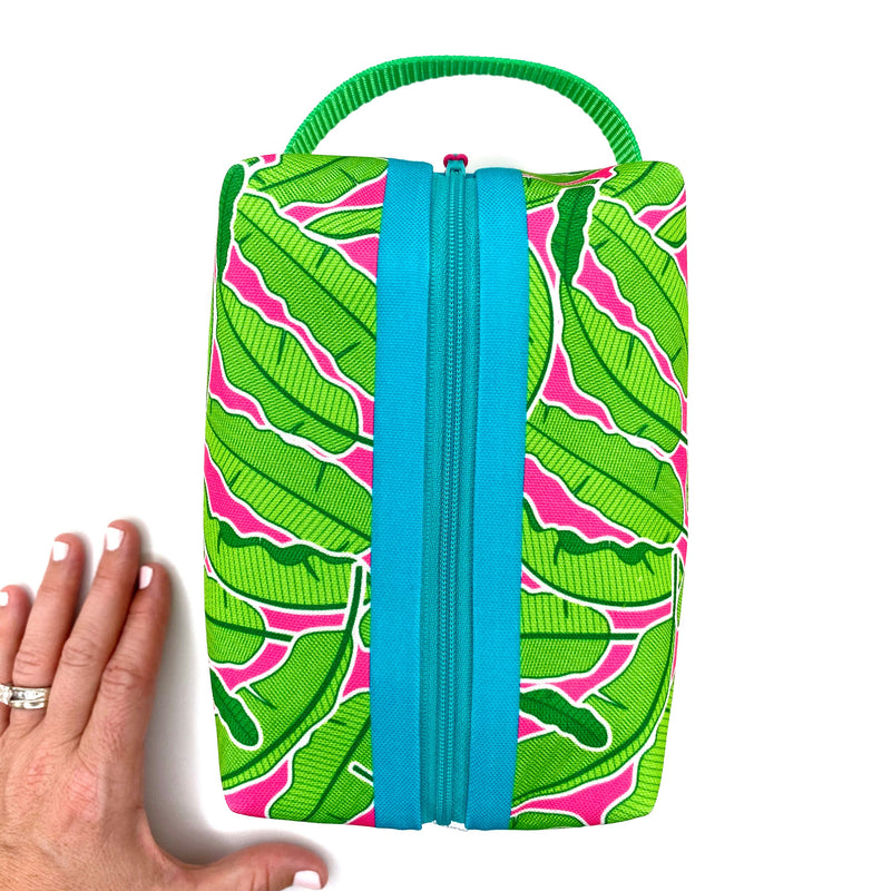 Banana Leaves in Pink + Green, Water-Resistant Boxy Toiletry Bag