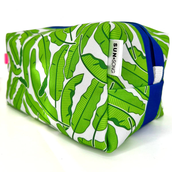 Large - Banana Leaves in Green + White, Water-Resistant Boxy Toiletry Bag