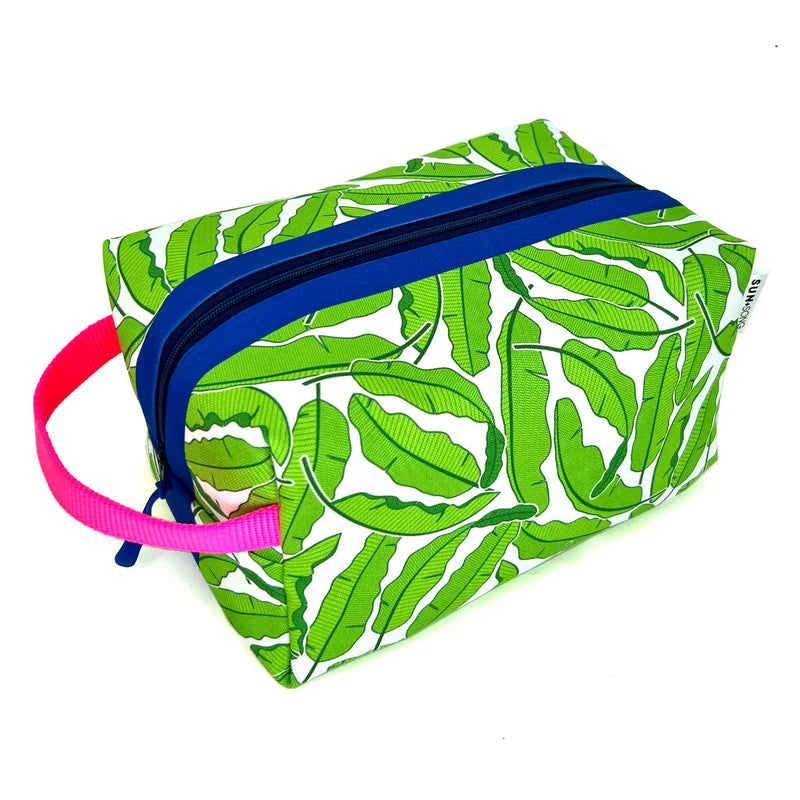 Large - Banana Leaves in Green + White, Water-Resistant Boxy Toiletry Bag