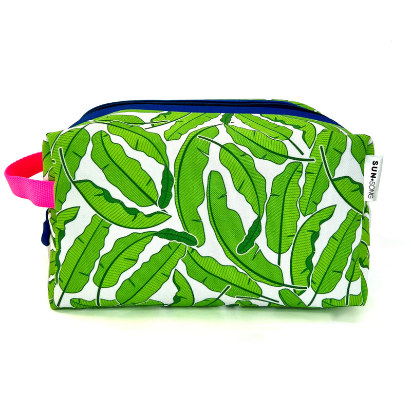 Large - Banana Leaves in Green + White, Water-Resistant Boxy Toiletry Bag