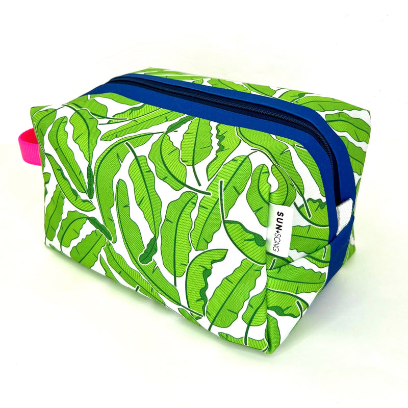 Large - Banana Leaves in Green + White, Water-Resistant Boxy Toiletry Bag