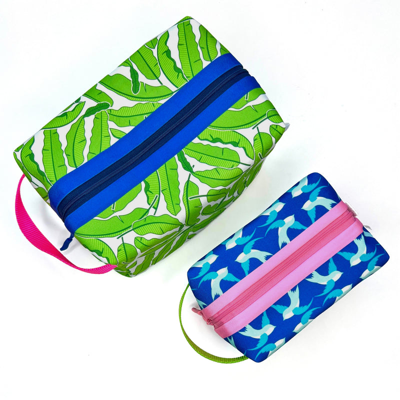 Large - Banana Leaves in Green + White, Water-Resistant Boxy Toiletry Bag