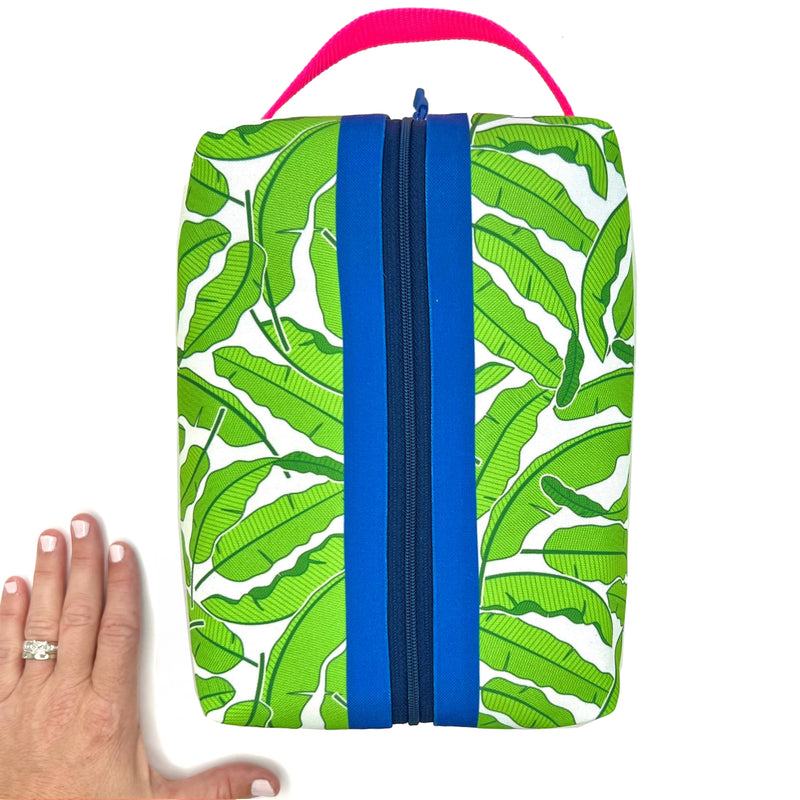 Large - Banana Leaves in Green + White, Water-Resistant Boxy Toiletry Bag