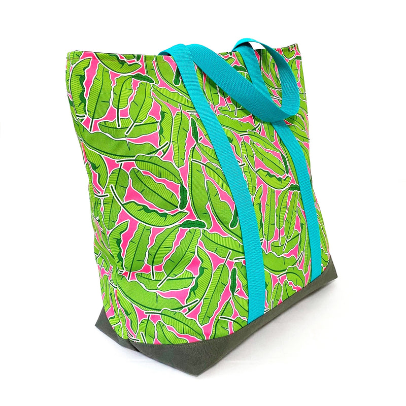 Banana Leaves in Green + Pink, Water-Resistant XL Beach Tote