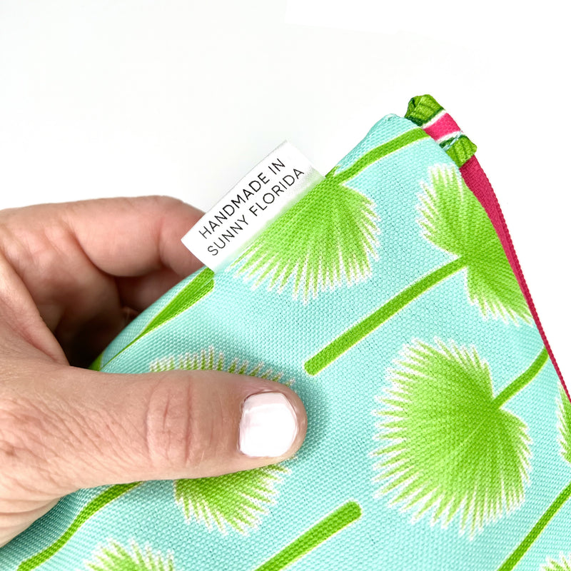 Palmetto Leaves in Green + Blue, Water-Resistant Makeup Bag
