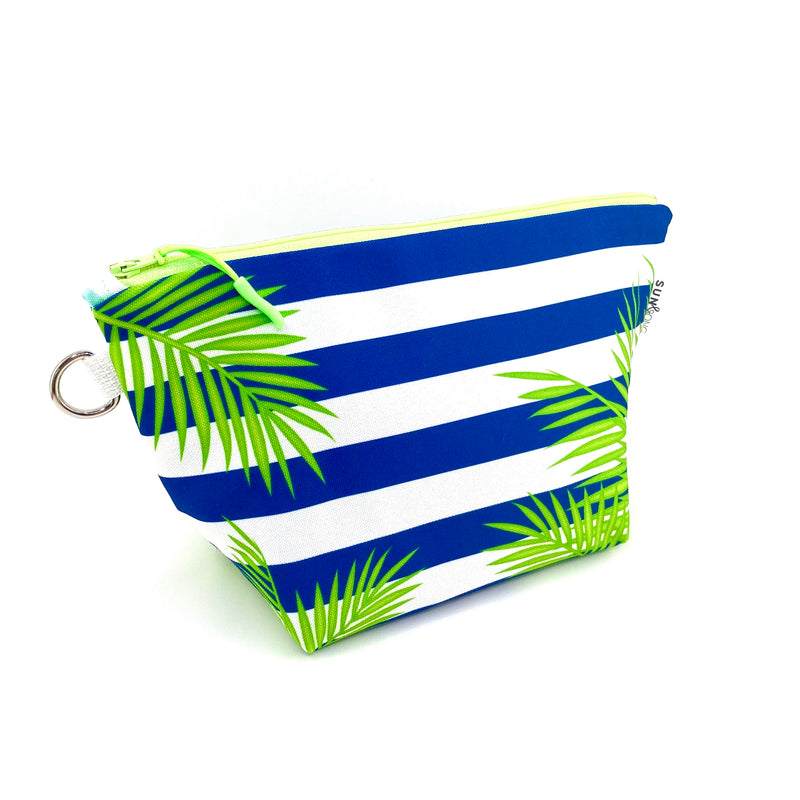 navy stripe palm frond stand up cosmetic pouch