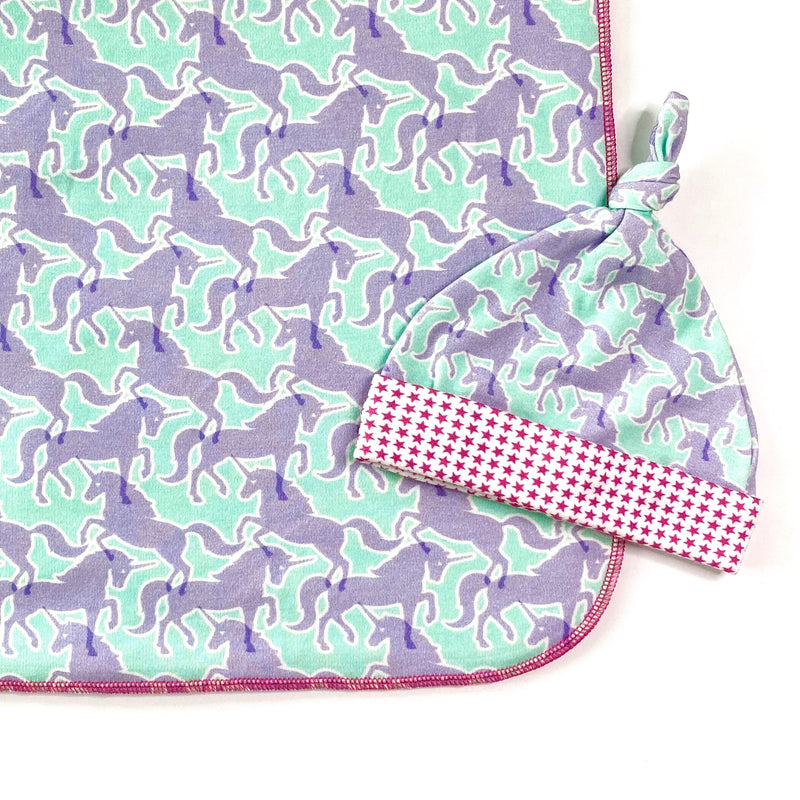 unicorn newborn swaddle blanket and hat set