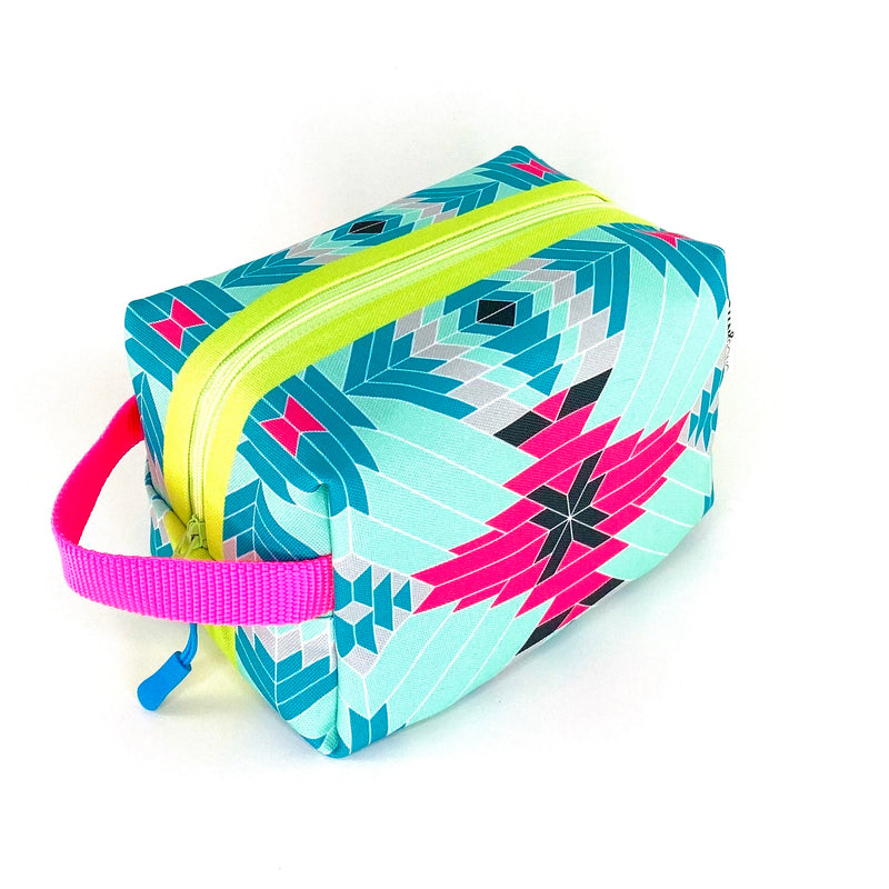 aqua pink modern aztec waterproof boxy toiletry bag