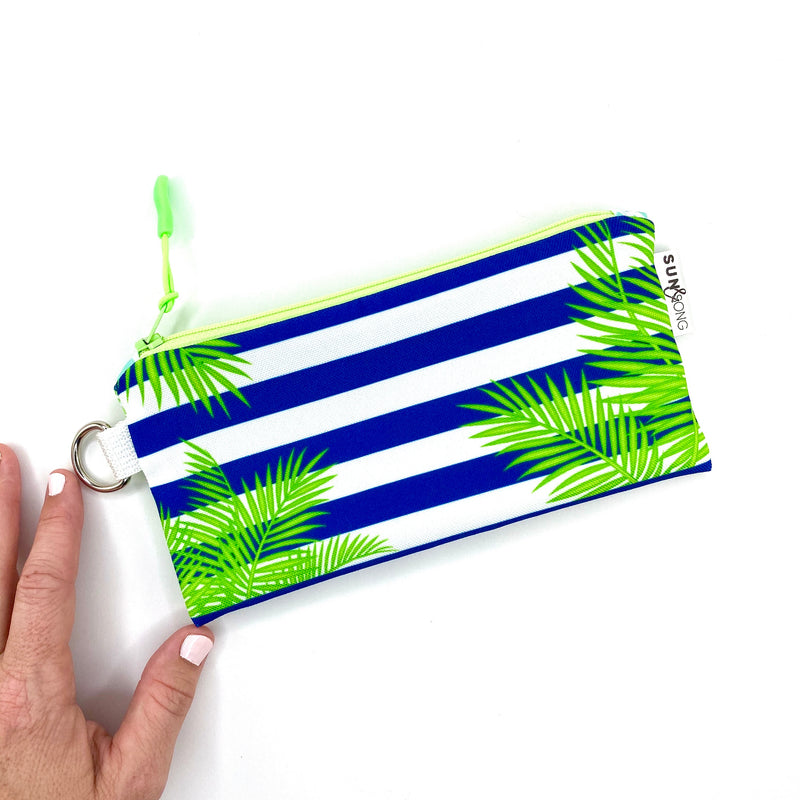 navy steipwa and palm leaves small zipper pouch