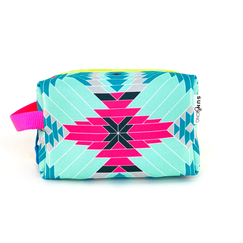 Alluring Aztec in Blue + Pink, Water-Resistant Boxy Toiletry Bag
