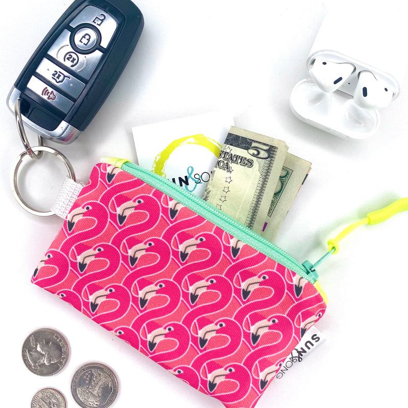 Flamingo Recycled Canvas Mini KeyChain Coin Pouch -Pink Zipper Wallet – Sun  & Song