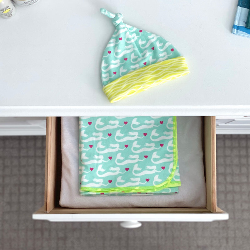 Aqua Mermaids Organic Cotton Knit Swaddle Blanket & Hat Set