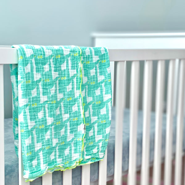 Aqua Love Signs Organic Cotton Muslin Baby Blanket
