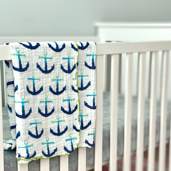 Blue Anchors Organic Cotton Muslin Baby Blanket