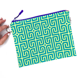 blue and green geometric greek key waterproof zipper pouch