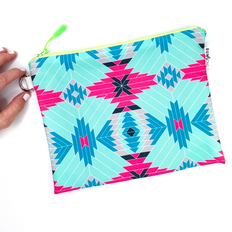pink geometric aztec waterproof zipper pouch
