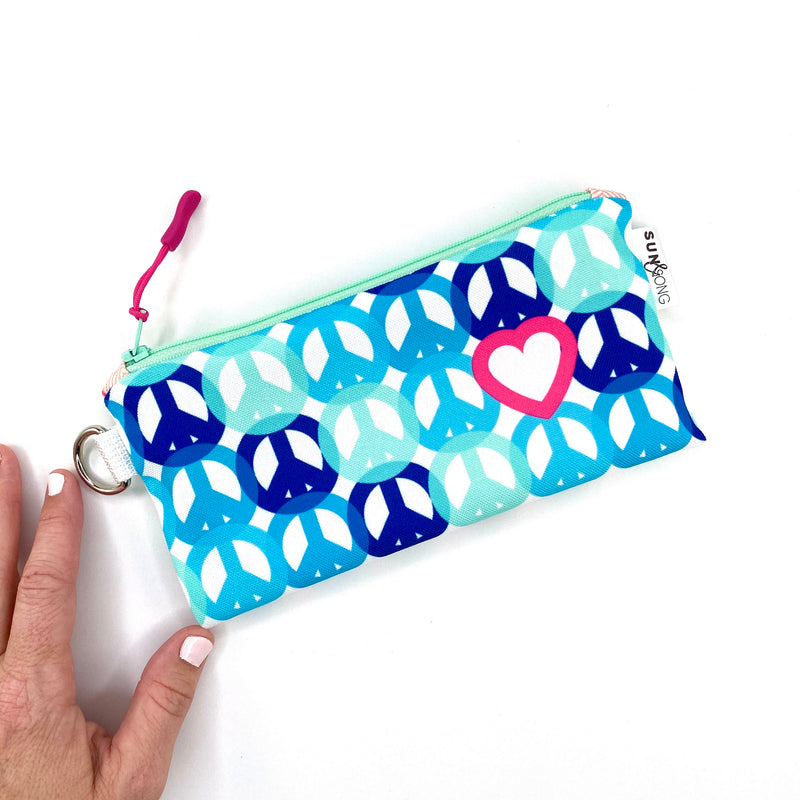 blue peace and love wristlet bag gift for girls
