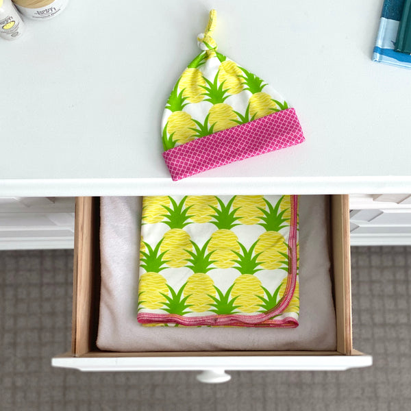 Aloha Pineapples Organic Cotton Knit Swaddle Blanket & Hat Set