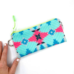 aqua pink aztec recycled canvas wristlet zipper pouch