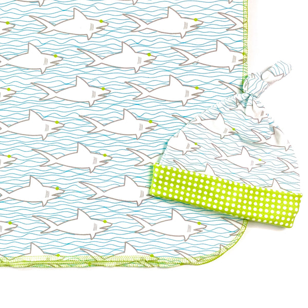 sharks waves soft cotton baby boy swaddle and hat
